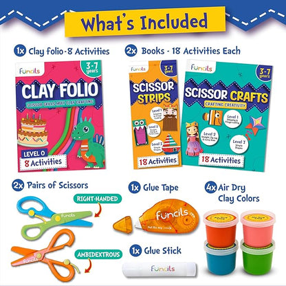 Funcils Toddler Scissors Skills for Kids with Air Clay - 2 Preschool Safety Scissors, Fine Motor Toys for Kids, Cutting & Learning Crafts Activities, Art Supplies Gifts for Boys & Girls Ages 3 4 5 6 7