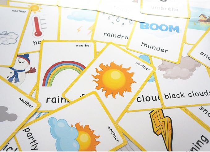 Set of Clothing and Weather Flash Cards for Toddlers | Kids Learning Flashcard & Montessori Pocket Cards Toys | Perfect for Pre-K Decor Background Wall Stickers, Teacher/Autism Therapists Tools