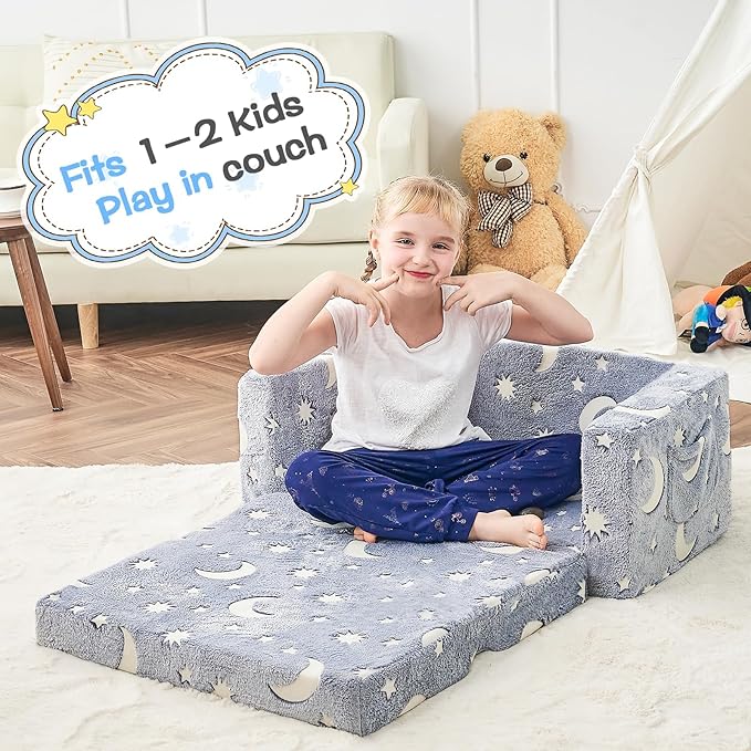 Toddler Couch, Toddler Chair Folding, Kids Couch 2 in 1, Kids Sofa for Playroom-Extra Soft 2 Seats, Glow in The Dark Open Couch, Gifts for Kids, Sleeper for Girls Boys, Grey Blue
