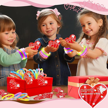 AMENON 24 Pack Valentines Day Gifts for Kids Glow In The Dark LED Bracelets with Valentines Cards for Kids Light UP Bracelets Valentines Classroom Gifts Exchange School Carnival Prizes Party Favor