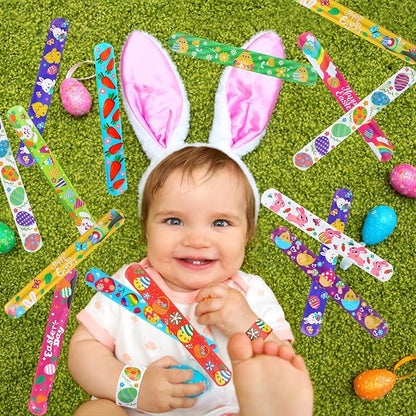 FOIMAS 48pcs Easter Slap Bracelets,Egg Bunny Chick Snap Bracelet Wristband for Easter Egg Filler Basket Stuffer Party Favor Supply