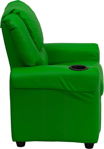 Flash Furniture Vana Vinyl Kids Recliner with Cup Holder, Headrest, and Safety Recline, Contemporary Reclining Chair for Kids, Supports up to 90 lbs., Green