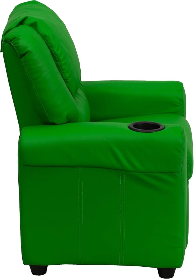Flash Furniture Vana Vinyl Kids Recliner with Cup Holder, Headrest, and Safety Recline, Contemporary Reclining Chair for Kids, Supports up to 90 lbs., Green