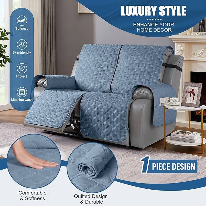 TAOCOCO 100% Waterproof Recliner Covers, Recliner Sofa Covers with Leg Straps, Reversible Recliner Couch Cover for Reclining Chair, Washable Couch Protector for Pets Kids(2 Seater, Sky Blue)