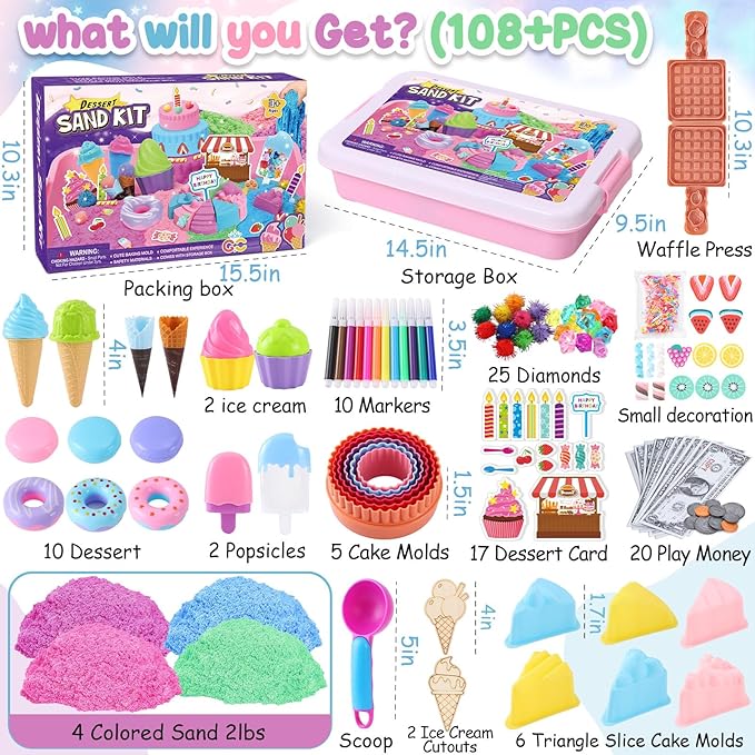 G.C Ice Cream Sensory Bin for Girl Kid Toy, 108pcs Play Sand Art Kit with Sandbox/2lb Color Sand/Cake Molds/Plastic Dessert, Sensory Toy Christmas Birthday Gift for Girl Toddler Ages 3 4 5 6 7 8