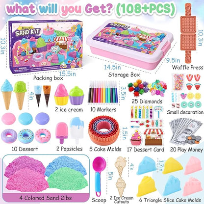 G.C Ice Cream Sensory Bin for Girl Kid Toy, 108pcs Play Sand Art Kit with Sandbox/2lb Color Sand/Cake Molds/Plastic Dessert, Sensory Toy Christmas Birthday Gift for Girl Toddler Ages 3 4 5 6 7 8