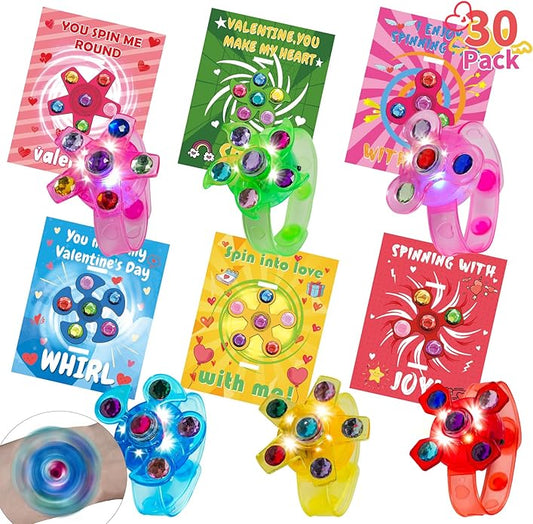 INST Valentines Day Gifts for Kids 30 Packs Valentines Day Cards with Light Up Fidget Spinner Bracelets for Kids Valentines Gift Exchange for Class Classroom Prizes Party Favors Supplies