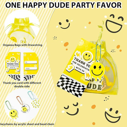 72PCS One Happy Dude Birthday Party Favor for Kids Smile Face Theme Gifts Set Include Bracelet Tatto Thank You Card with Keychain and Organza Smile Party Classroom School Supplies