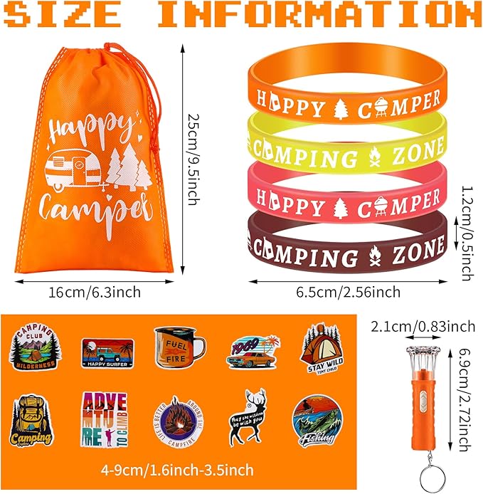Camping Party Favors Camp Party Gifts Include Camping Themed Silicone Bracelet Mini Flashlight Keychain Assorted Camping Sticker and Gifts Drawstring Bags Camping Party Supplies for Kids (220 Pieces)