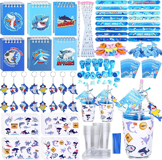 Colarr 161 Pcs Shark Party Favor Shark School Stationery Set Includes Gift Cup Notebook Pencil Sharpener Eraser Keychain Stamp Slap Bracelet Sticker Card for Shark Birthday Supplies
