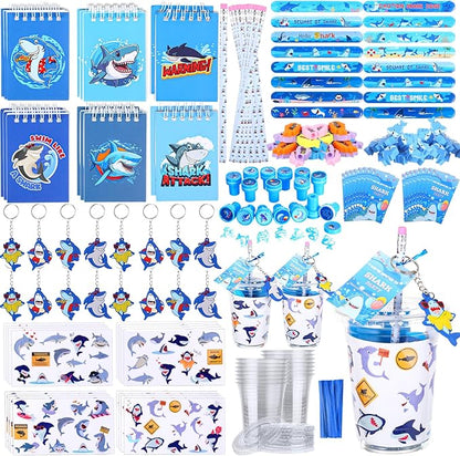 Colarr 161 Pcs Shark Party Favor Shark School Stationery Set Includes Gift Cup Notebook Pencil Sharpener Eraser Keychain Stamp Slap Bracelet Sticker Card for Shark Birthday Supplies