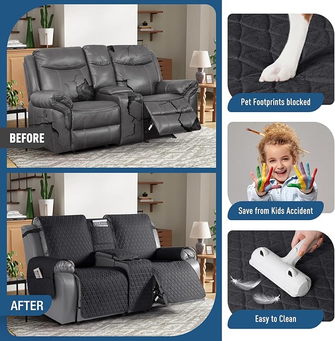 TAOCOCO 100% Waterproof Recliner Cover -Loveseat Recliner Cover with Center Console,Non-Slip Reclining Couch Covers for 2 Seat,with Elastic Straps Pocket for Kids, Dogs, Pets (Black, 2 Seater XL)
