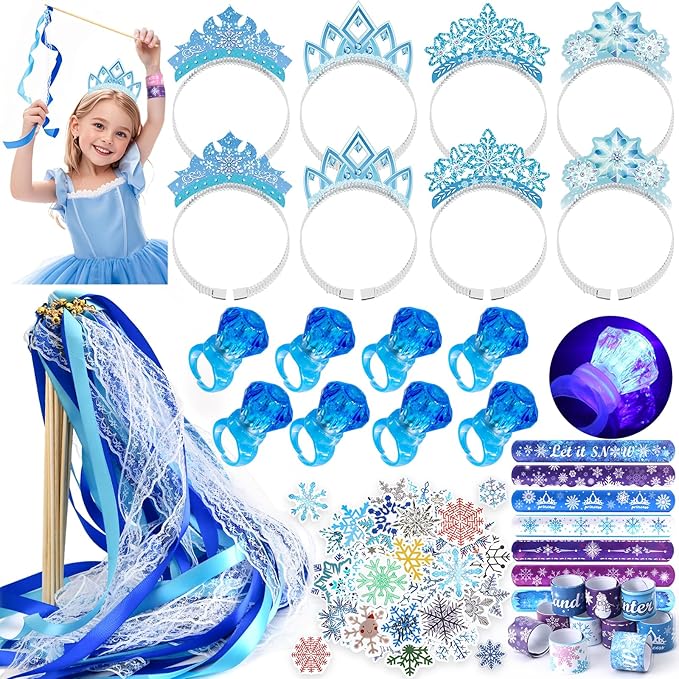 Frozen Party Favors Birthday Supplies Frozen Ribbon Wand Princess Tiara Crown Diamond Ring Slap Bracelet Sticker Snowflake Winter Elsa Party Favors Goodie Bags Stuffers Birthday Party Decorations