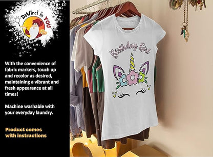 Coloring Shirt for Girls - Kit with 10 Fabric Markers and Alphabet Stencil (Birthday Unicorn, 6/7)
