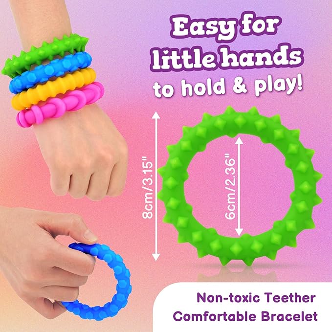Sensory Fidget Toys Kids Toddlers - 4 Pack Chew Sensory Rubber Bracelet | Calming Autism Quiet Fidgets & Texture Anxiety Silent Toys for Classroom Prizes | Gifts Christmas Stocking Stuffers for Kids