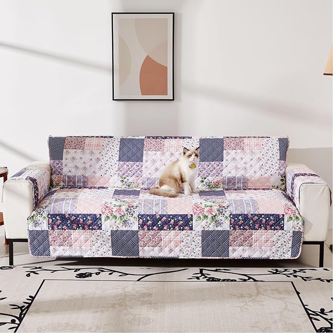 EVENHUG Loveseat Sofa Cover Patchwork Floral Sofa Slipcover Washable Couch Cover 2 Cushion Sofa Furniture Protector Cover with Elastic Straps for Pets Kids Dog Cat (Loveseat,Pink&Purple)