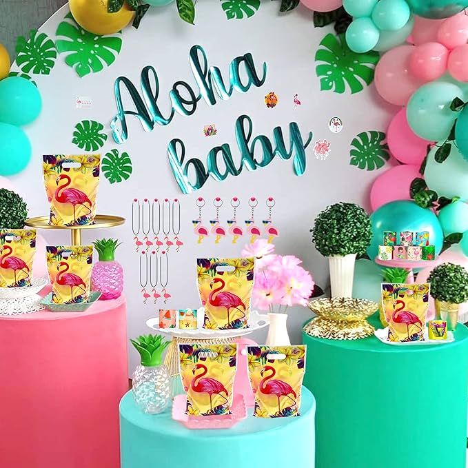 110 PCS Flamingo Party Favors Pink Flamingo Goodie Bags with Keychains, Stickers, Slap Bracelets, and Bags for Flamingo Themed Birthday Party Hawaiian Aloha Party