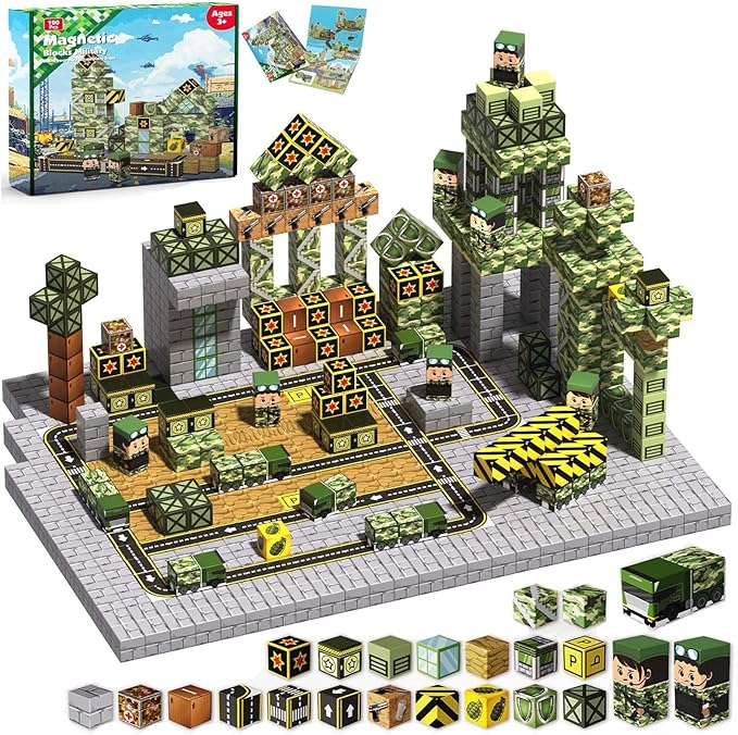 Annexfun Magnetic Blocks-100PCS Military Building Blocks Set, Kids Classroom Sensory Toy for Toddlers STEM Learning, Construction Stacking Toy for Kids 3+ Boys and Girls Christmas Birthday Gifts Toys
