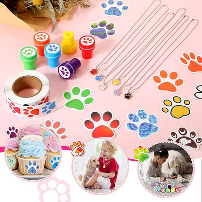 Gejoy 178 Pcs Dog Paw Party Favors Set Includes Paw Straws Cups Silicone Bracelet Keychain Stamper Sticker Pendant Chain Thank You Tag for Boy Girl Dog Theme Party Supplies(Paw)