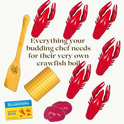 Lil' Bit Boiling Co. Kids Louisiana Crawfish Boil Playset - Toy Food Kitchen Set for Children with Pot, Strainer, Wooden Paddle and Accessories