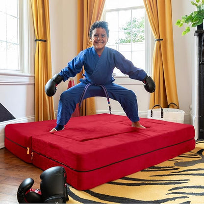 Jaxx Zipline Sofa & Large Ottoman 3 in 1 Fold Out Sofa, Big Kids Edition, Cherry (17454)