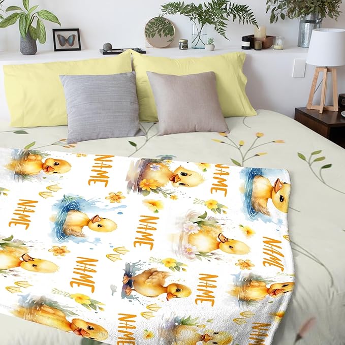 Custom Name Flower And Ducks Adult duck Blanket Kids Funny Blanket Suitable for bedroom bed sofa Crib Couch Chair outdoor All Season Items That Yellow Duck Lovers Will Love 90”×120 ”for Family