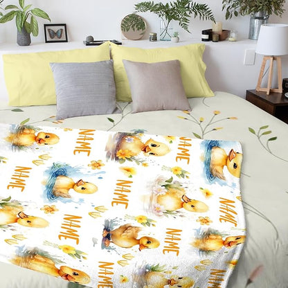 Custom Name Flower And Ducks Adult duck Blanket Kids Funny Blanket Suitable for bedroom bed sofa Crib Couch Chair outdoor All Season Items That Yellow Duck Lovers Will Love 90”×120 ”for Family