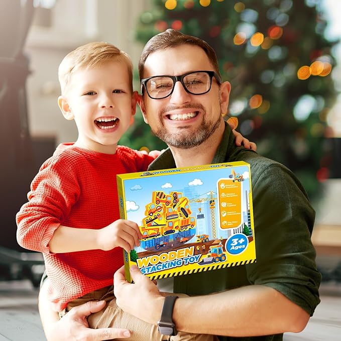 Montessori Toys for Kids Wooden Construction Engineering Cars Blocks Stacking Toy for 3 4 5 6 Year Old Boys Girls Toddlers Educational Toys Balance Game for Boy Girl Age 3-6