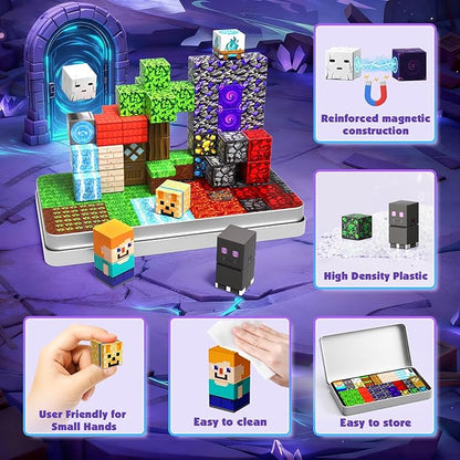 45 PCS 0.8in Mini Magnetic Blocks - Easter Travel Magnet Toys for Kids with Portable Metal Box, Stacking Magnets, Toys and Gifts for Boys and Girls Age 3+ Years Old (Theme: Portal)