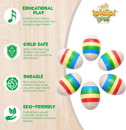IPIDIPI TOYS Egg Shakers Maracas for Kids – Colorful Wooden Musical Percussion Instruments for Toddlers, Baby Shakers -Easter Basket Fillers, Stocking Stuffers, Party Favors & Educational Play–6 Pack