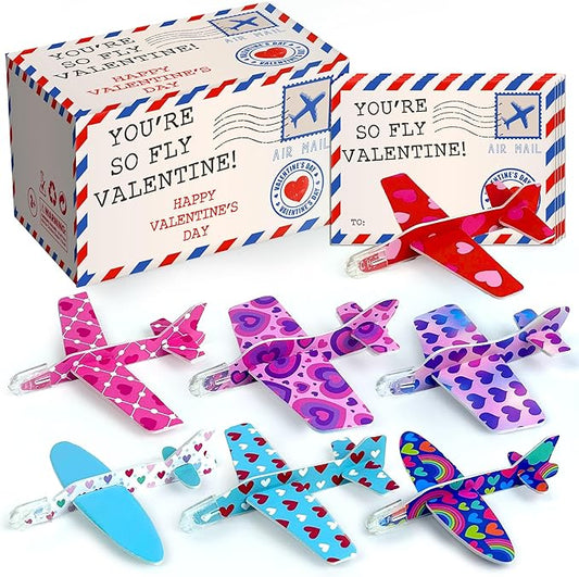 Valentines Day Cards for Kids - 28 Pack Airplane Valentines Day Cards for Kids with Foam Airplanes, Valentines Gifts, Perfect School and Classroom Valentines Day Exchange Gifts