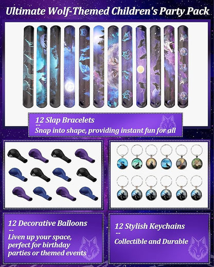 98 pcs Halloween Wolf Party Favors For Kids -Wolf Birthday Party Favors with Wolf Storage Bag Balloons Keychains Clapping Wristbands and Wolf Stickers for Wolf Party Decorations and Halloween