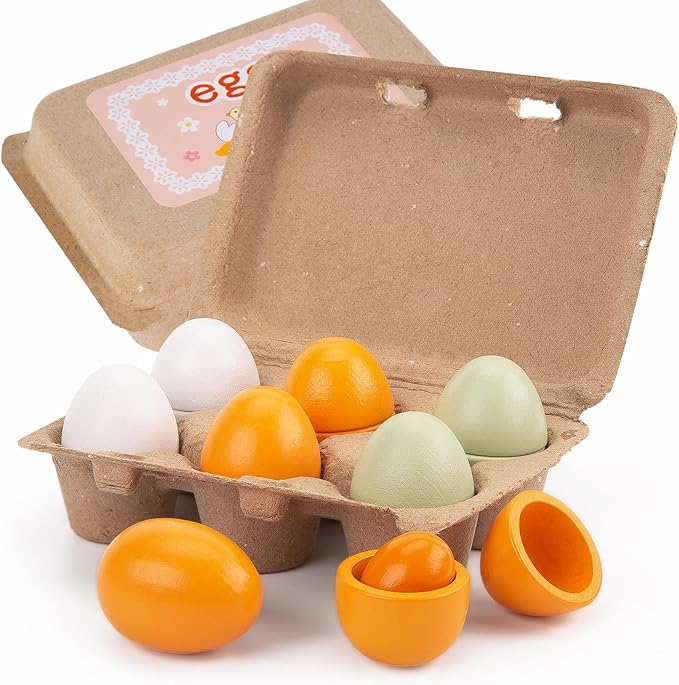 3 Otters 12PCS Egg Play Food Set for Kids Kitchen, Wooden Egg Toys Pretend Separable Egg with Yolk Painting Eggs for Kids Early Development Learning Birthday