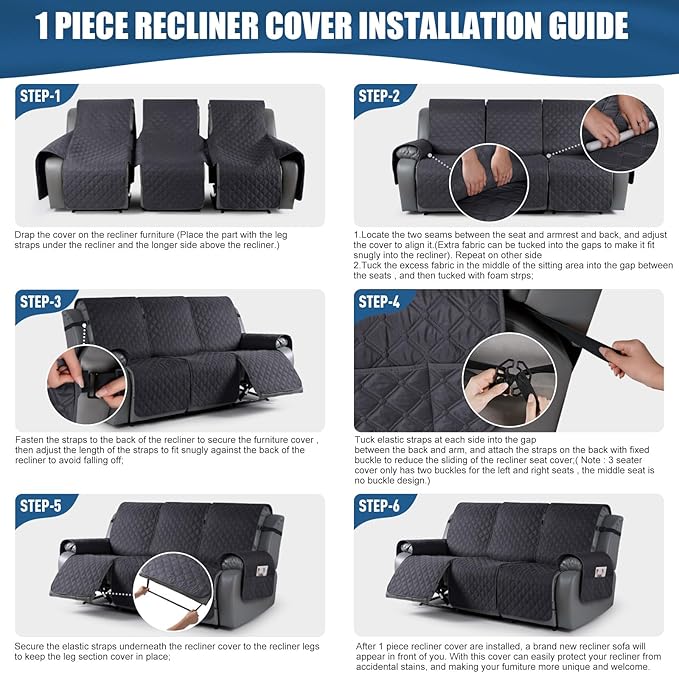 TAOCOCO 100% Waterproof Recliner Covers, Recliner Sofa Covers with Leg Straps, Reversible Recliner Couch Cover for Reclining Chair, Washable Couch Protector for Pets Kids(3 Seater, Charcoal Gray)