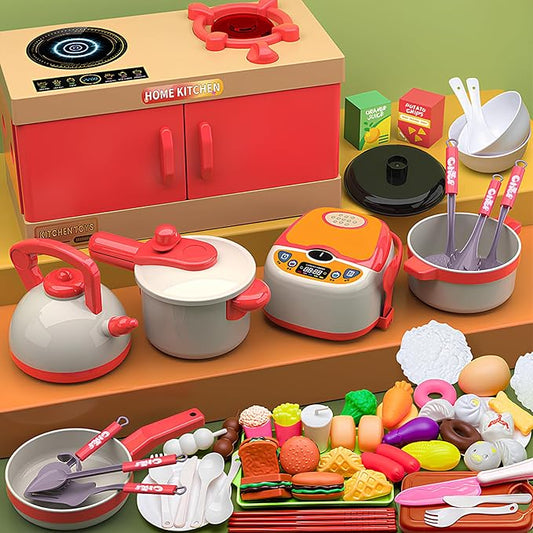 Home Kitchen Kids Toy Kitchen Set, 71 PCS Pretend Play Cooking Set with Interactive Cooktop, Realistic Accessories: Pressure Cooker, Kettle, Frying Pan, Play Food - Educational Toy for Boys & Girls 3+
