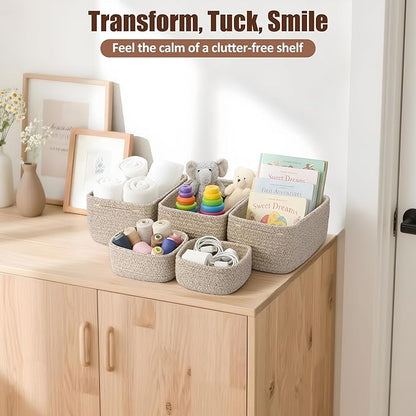 5-Pack Small Woven Rope Storage Baskets – 2 Sizes Organizer Bins for Closet, Shelf, Bookshelf, Nursery, Changing Table, Fabric Cube Boxes, Rectangular Shallow Bins for Bathroom, Toy & Home