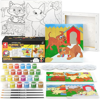 ARTEZA Kids Animals Painting Kit, 4 Canvases 8 x 8 Inches, 24 Acrylic Paints, 4 Paint Brushes, 4 Palettes, Kids Activities Ages 6 and Up