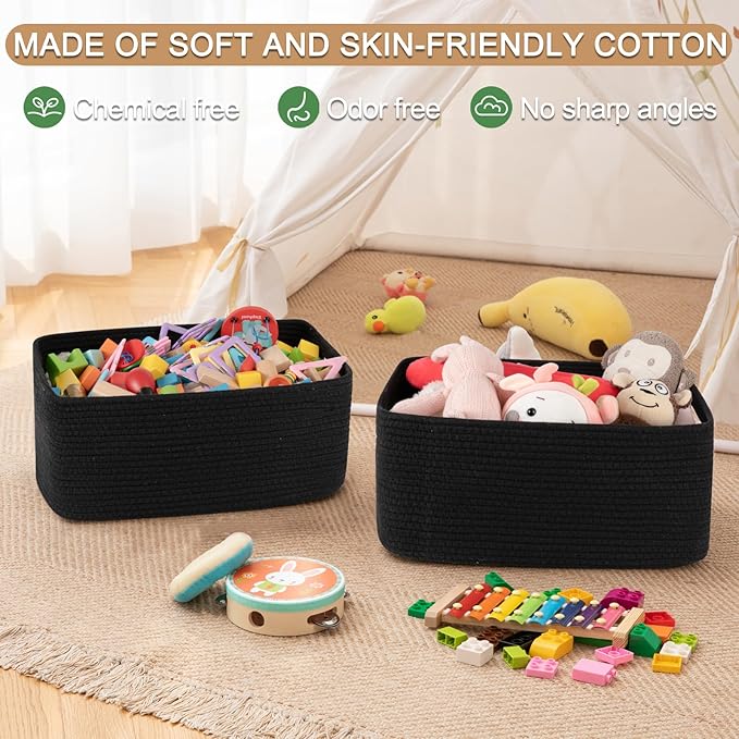 OIASKET Large Storage Basket for Organizing, Woven Rope Basket for Shelves, Closet Organizer Bins for Clothes, Blanket, Toys, Baby Nursery Storage, 17.7" x 13" x 7.87", 2 Packs Black