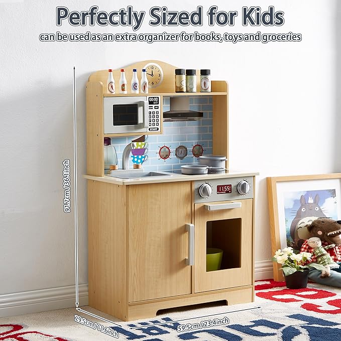Play Kitchen for Kids, Wooden Toddlers Toy Kitchen Playset, Kitchen Cooking Set with Plenty of Play Features, Kitchen Pretend Play Set, Toys Kitchen with 13 Pcs Toy, Gift for Girls and Boys Ages 3+