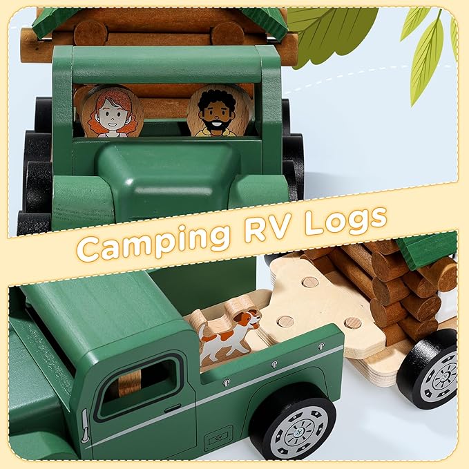 SainSmart Jr. Wooden Truck Building Playset for Kids, Vintage Camper RV Compatible with Lincoln Logs, STEM Educational Toy, Perfect Retro Gift for Ages 3+