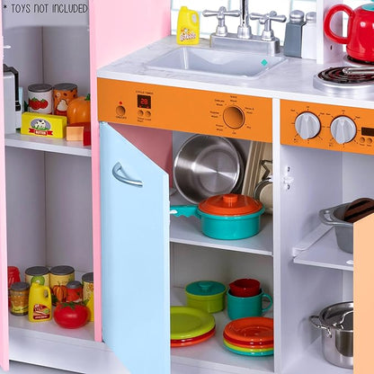 Lil' Jumbl Kids Kitchen Set, Pretend Wooden Play Kitchen, Battery Operated Icemaker & Microwave with Realistic Sound, Pots & Pan Included - Colorful