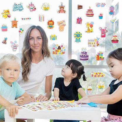 JULBEAR 300 Pieces Happy Birthday Foam Stickers Bulk Self-Adhesive Cute Cartoon Birthday Stickers for Arts Crafts Kids Students Teachers Classroom Reward Gifts Birthday Treat Greeting Card Decoration