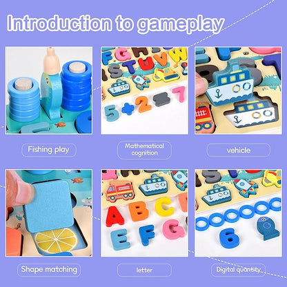 Wooden alphanumeric Shapes Jigsaw Ring Count Classification Toys Math Shapes Building Blocks Toddler Learning Playboard Math Fishing Educational Toys Montessori Educational Toys (color1)