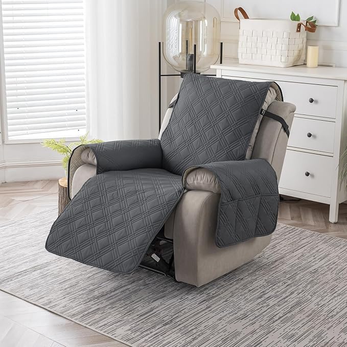 Easehomey 100% Waterproof Recliner Chair Covers, Non Slip Oversized Reclining Cover, Cover Furniture Protector Washable Chair Cover with Pocket,Elastic Straps for Kids,Pets,Dogs(Dark Gray,28")