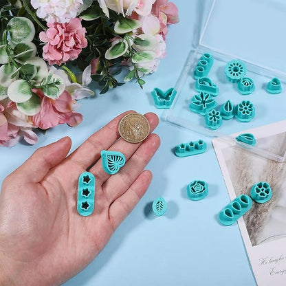 ORIGACH 18 Pcs Spring Polymer Clay Cutters，Floral & Leaf Design Clay Cutters for Polymer Clay Jewelry Earrings with a Clear Storage Box