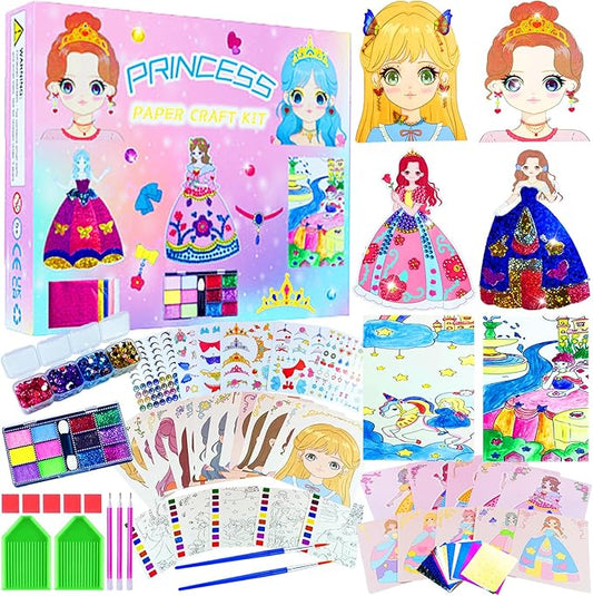 FJBICODA 30 Paper Craft Activities Kits, Arts & Crafts Gifts for Girls Age 5-12, Princess Makeup Play on Paper, Dress Up Game, Foil Fun & Diamond Art, Creative Toy for 5 6 7 8 9 10 11 12 Year Old Kid