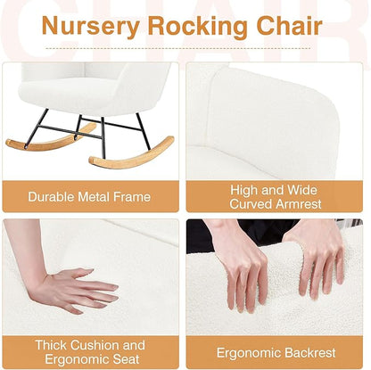 VECELO Nursery Rocking Chair Teddy Upholstered Modern Glider Rocker Padded with High Backrest Armchair Comfy Side Pocket for Living Room Bedroom Balcony Offices, White