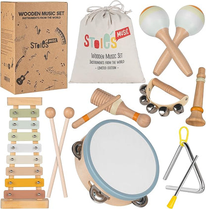 Stoie's Wooden Toddler Musical Instruments with Xylophone, Maracas, Triangle, Tamburine for Babies and Kids, Eco Friendly Montessori Educational Toy