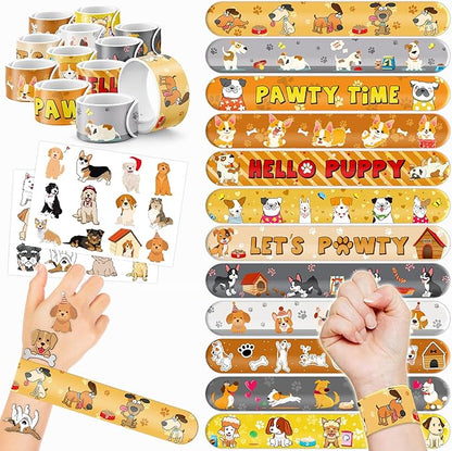48PCS Dog Party Favors - 24PCS Tattoos & 24PCS Snap Bracelets - Puppy-Themed Birthday Supplies, Cute Decorations, Classroom Prizes, Gifts for Kids