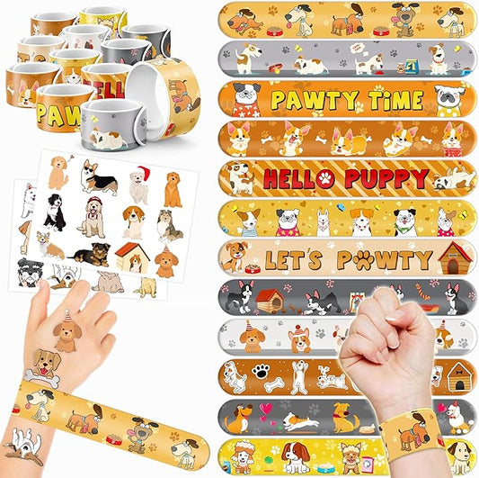 48PCS Dog Party Favors - 24PCS Tattoos & 24PCS Snap Bracelets - Puppy-Themed Birthday Supplies, Cute Decorations, Classroom Prizes, Gifts for Kids